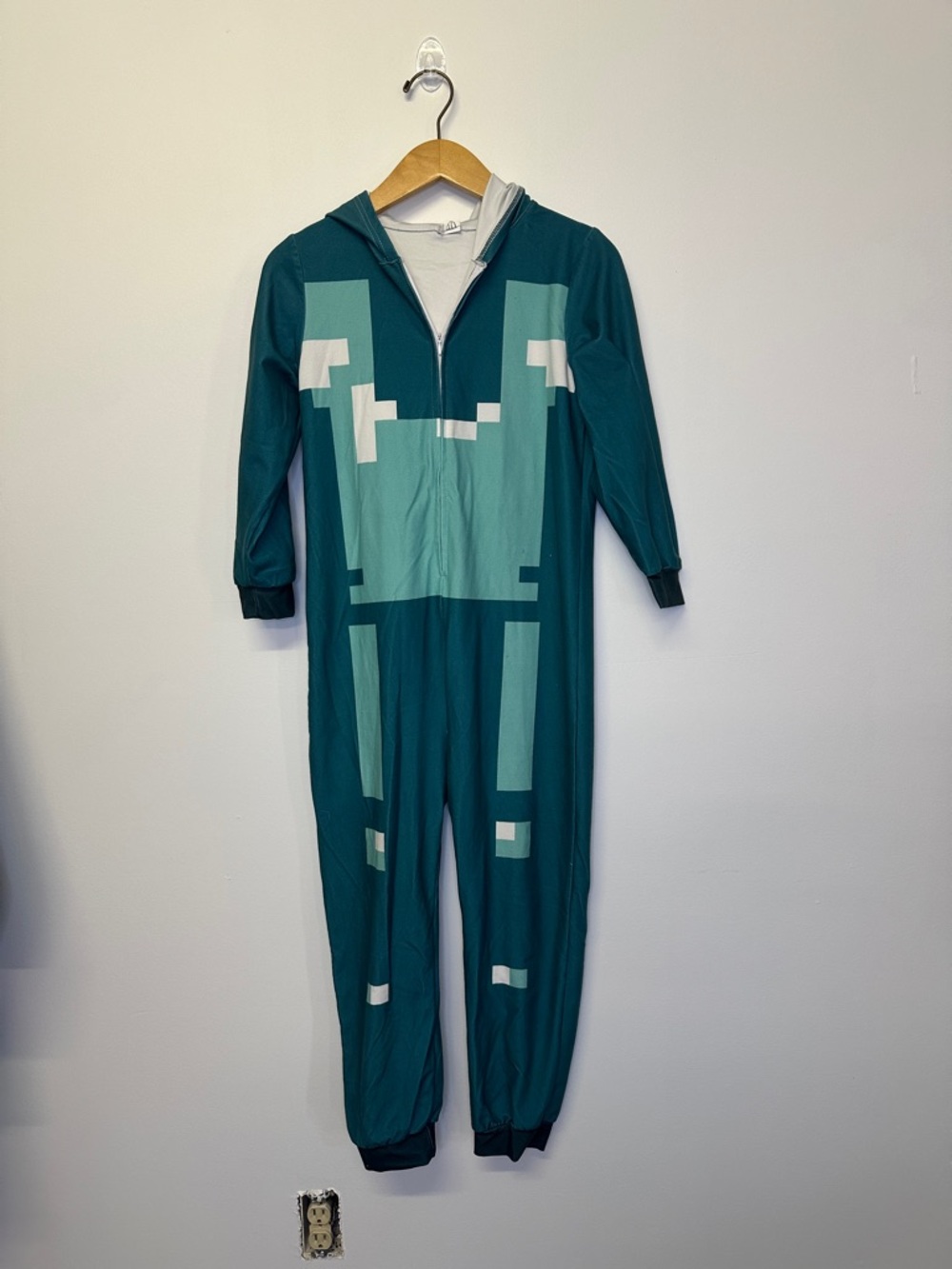 Kids Teal Pixel-Print Minecraft Hooded One-Piece pajamas size 140 or 10